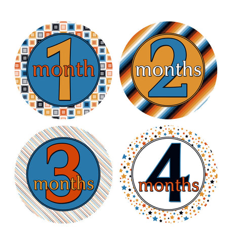 Blue, Orange, Black & White Patterned Monthly Baby Stickers