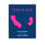 Best Friend Christmas Gift, Long Distance Relationship Map, Print, Framed or Canvas map - INKtropolis