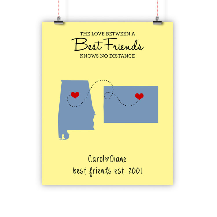 Best Friend Christmas Gift, Long Distance Relationship Map, Print, Framed or Canvas map - INKtropolis