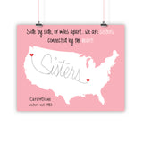 Sister Christmas Gift, Long Distance Relationship Map, Print, Framed or Canvas map - INKtropolis