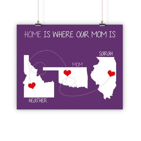 Birthday Christmas Gift For Mom, Father Family Long Distance Relationship Map, Home Is Where, Print, Framed or Canvas