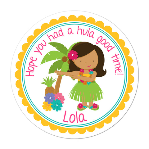 Brunette Haired Luau Girl Personalized Birthday Favor Sticker