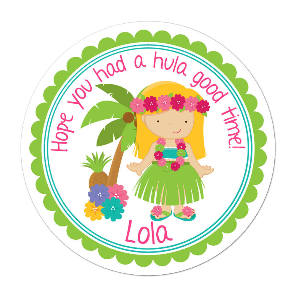 Blonde Haired Luau Girl Personalized Sticker Birthday Stickers - INKtropolis