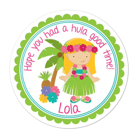 Blonde Haired Luau Girl Personalized Birthday Favor Sticker