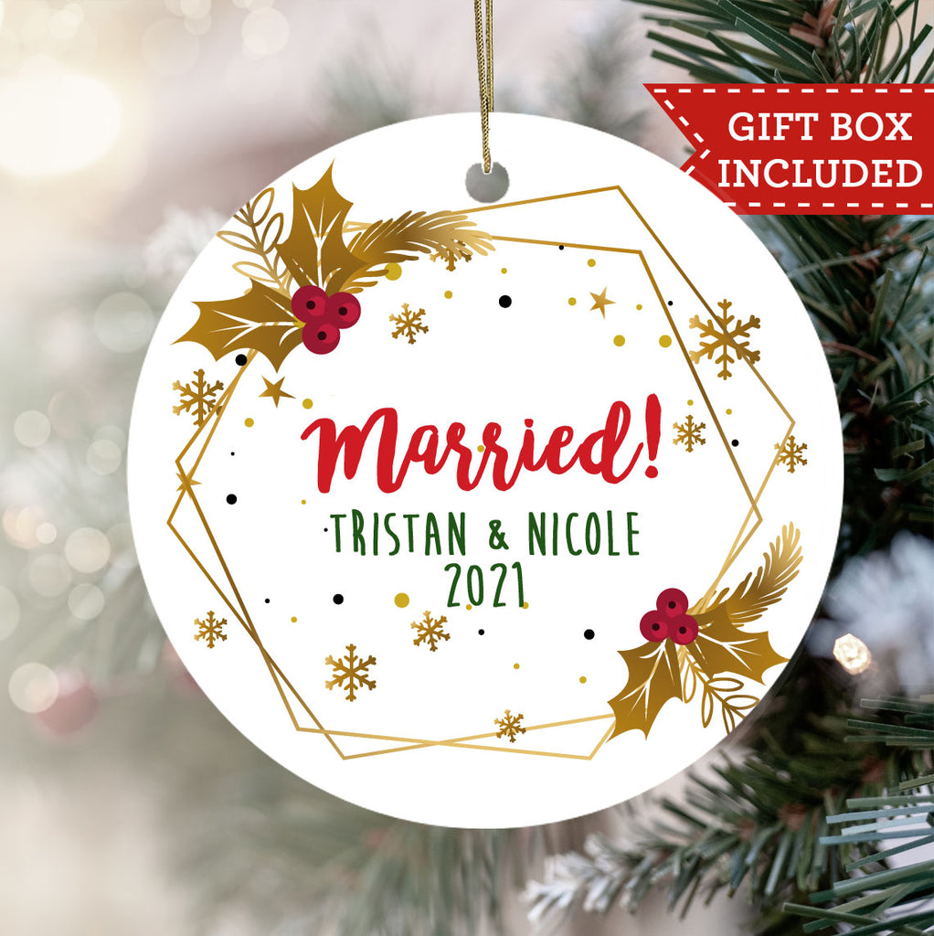 Personalized Our First Christmas Married Ornament - Gold Colored Holly and Red Berries