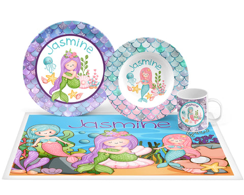 Personalized Mermaid Plate, Bowl, Mug, Placemat Set - Choose Your Pieces