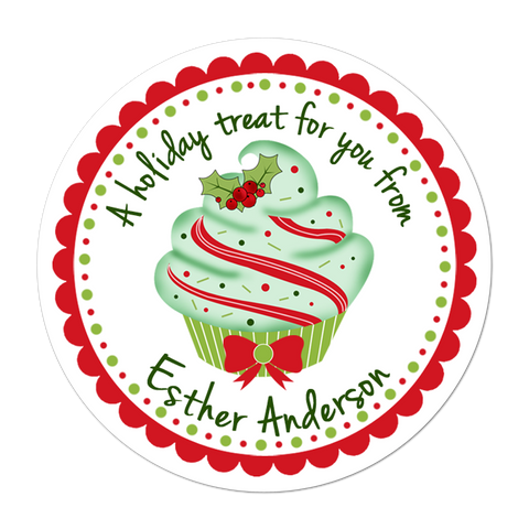 Cupcake Green Frosting Personalized Christmas Gift Sticker