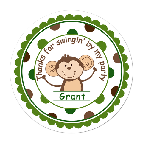 Monkey Polka Dot Border Personalized Birthday Favor Sticker
