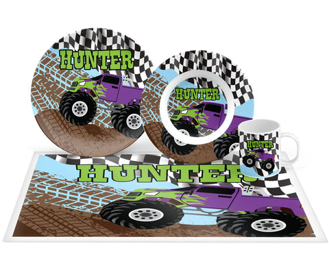 Personalized Monster Truck Plate, Bowl, Mug, Placemat Set - Choose Your Pieces