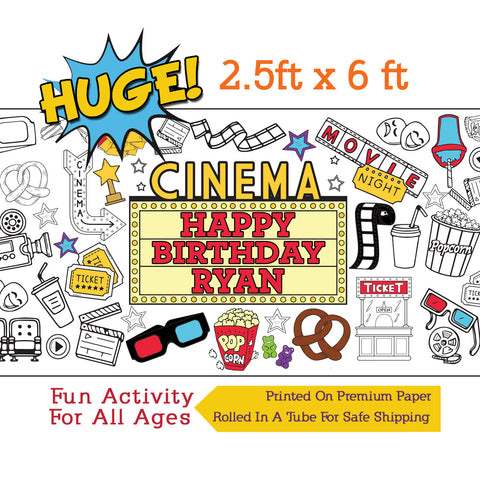 Personalized Movie Theater Birthday Coloring Banner, Poster, Paper Table Cover