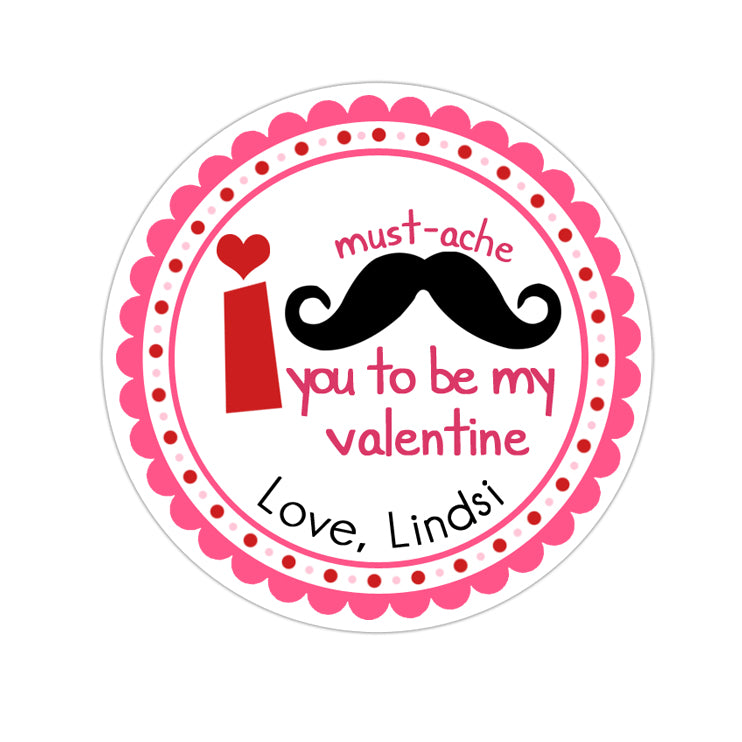 Pink Mustache Valentines Day Personalized Sticker Valentines Day Stickers - INKtropolis