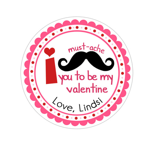 Pink Mustache Personalized Valentines Day Sticker