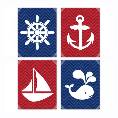 Nautical Anchor, Sailboat, Whale Nursery Wall Art - Set of 4