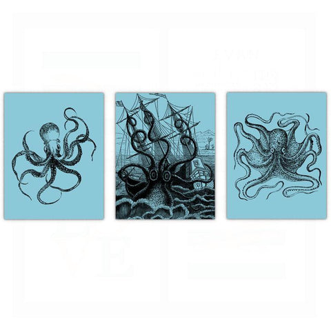 Octopus Bathroom Wall Art - Set of 3