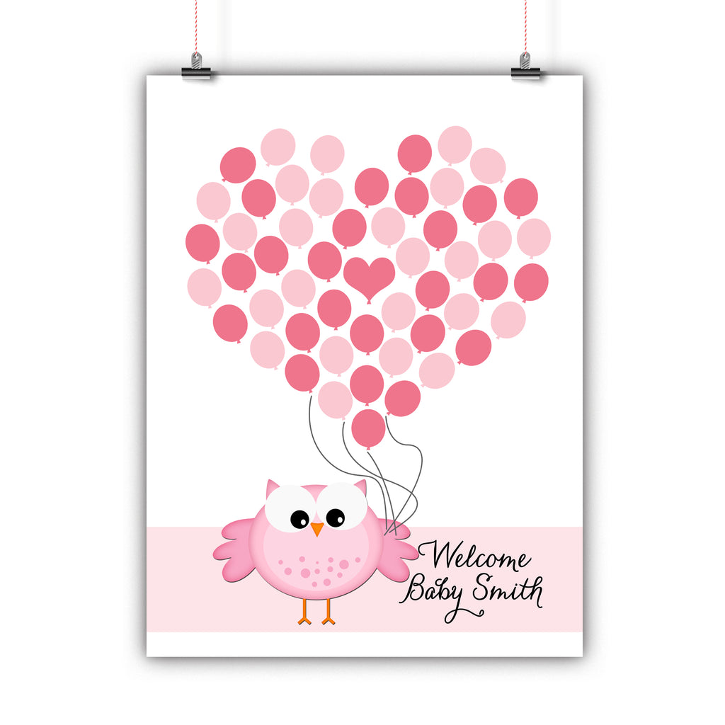 Personalized Baby Shower Guest Book Alternative - Pink Owl Balloon Customized Poster, Print, Framed or Canvas, 50 Signatures Baby Shower Guest Book - INKtropolis