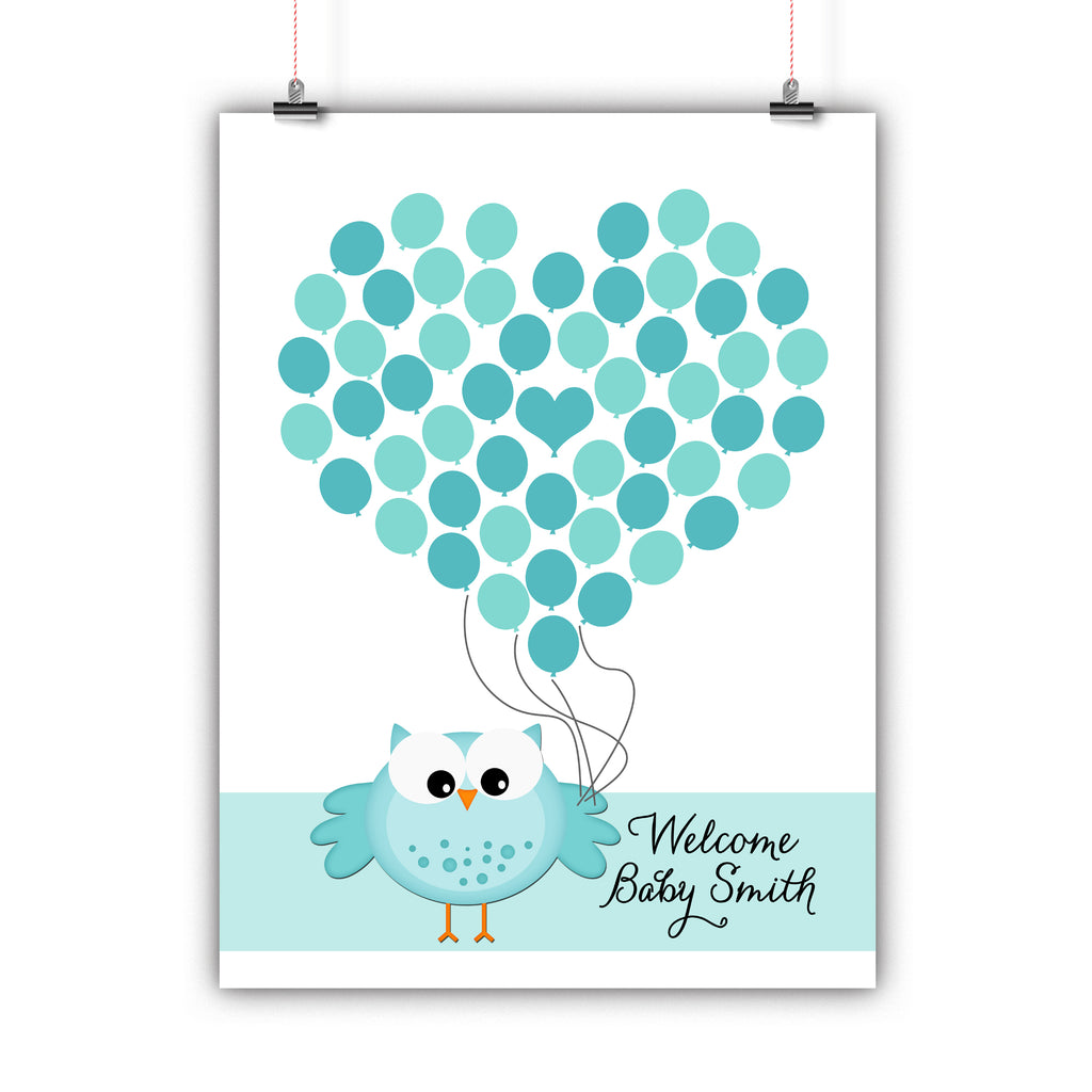 Personalized Baby Shower Guest Book Alternative - Blue Owl Balloon Customized Poster, Print, Framed or Canvas, 50 Signatures Baby Shower Guest Book - INKtropolis
