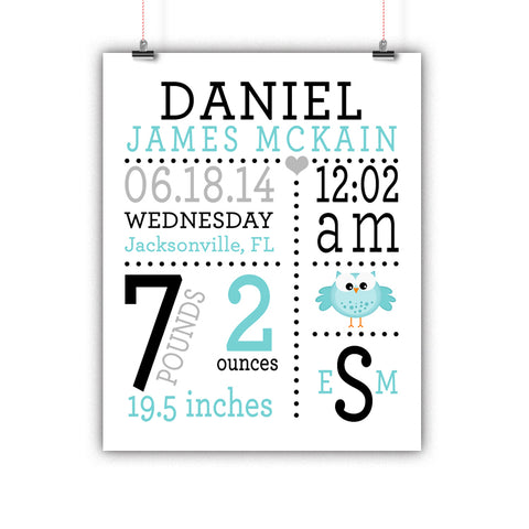 Owl Baby Birth Stats Nursery Wall Art