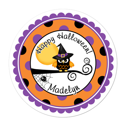 Owl Witch Polka Dot Border Personalized Halloween Sticker