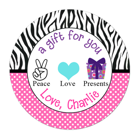 Peace Love Presents Polka Dot Zebra Print Border Personalized Birthday Favor Sticker