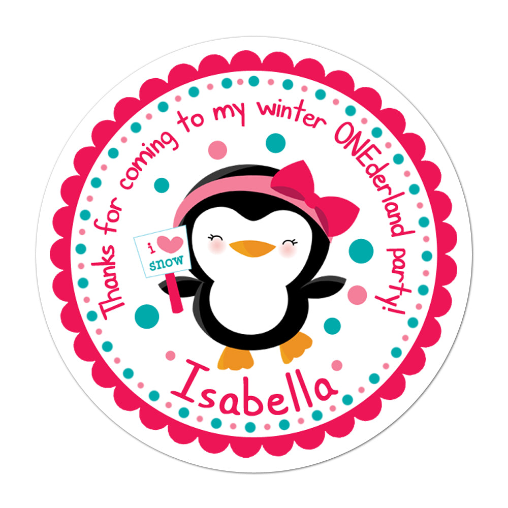 Winter Onederland Girl Penguin Personalized Sticker Birthday Stickers - INKtropolis
