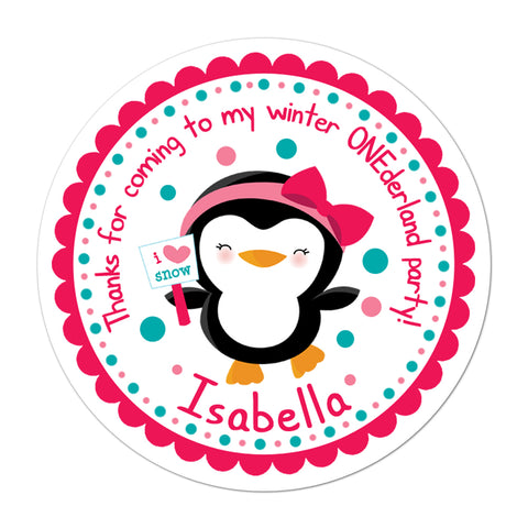 Winter Onederland Girl Penguin Personalized Birthday Favor Sticker