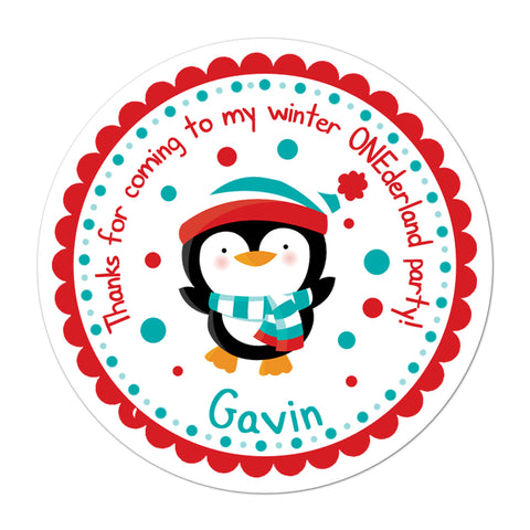 Winter Onederland Penguin Personalized Birthday Favor Sticker