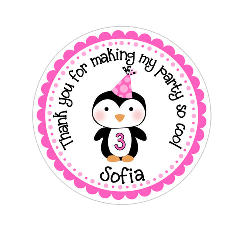 Pink Winter Onederland Penguin Personalized Birthday Favor Sticker