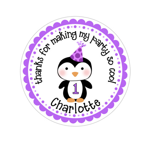 Purple Winter Onederland Penguin Personalized Birthday Favor Sticker