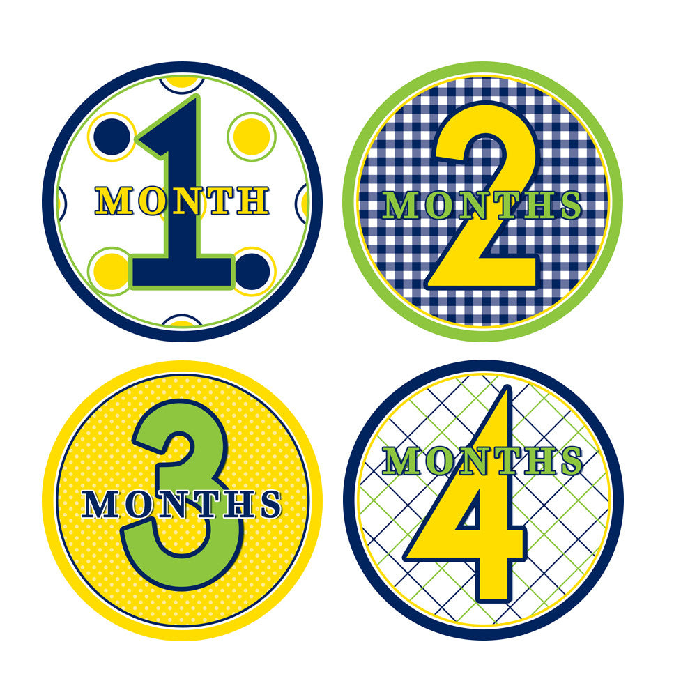 Lime, Yellow, Navy Patterened Monthly Baby Stickers onesie sticker - INKtropolis
