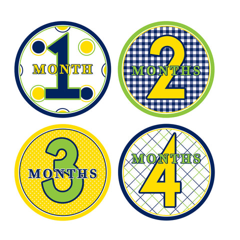 Lime, Yellow, Navy Patterened Baby Month Stickers