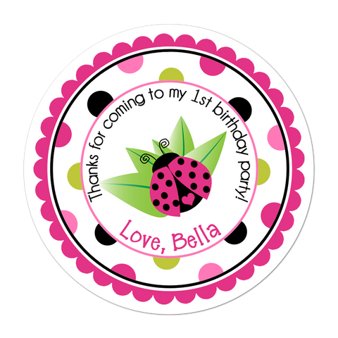 Pink Ladybug Polka Dot Border Personalized Birthday Favor Sticker