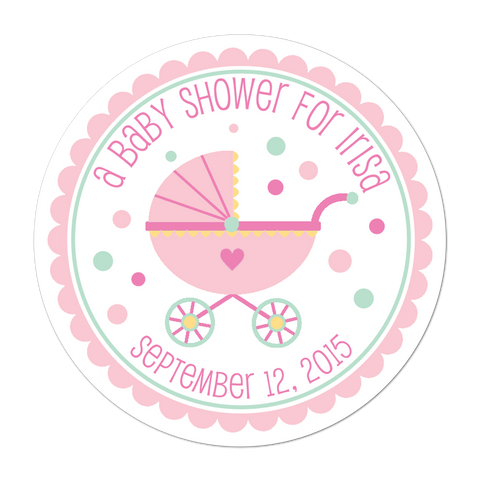 Pink Baby Pram Personalized Baby Shower Sticker