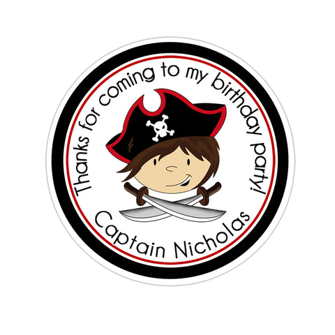 Brown Hair Pirate Captain Solid Border Personalized Birthday Favor Sticker