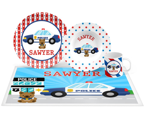 Personalized Police Car Plate, Bowl, Mug, Placemat Set - Choose Your Pieces
