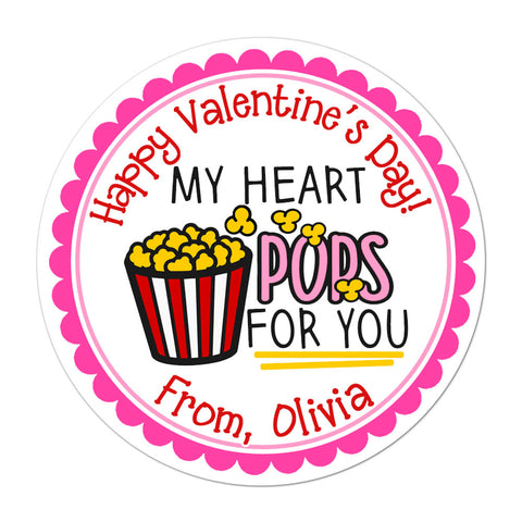 My Heart Pops For You Popcorn Personalized Valentines Day Sticker