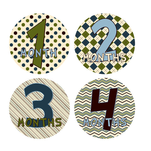 Argyle, Pinstripes, Polka Dot & Chevron Patterened Baby Month Stickers