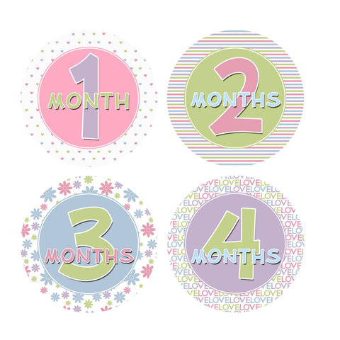 Pink, Purple, Green & Blue Baby Month Stickers
