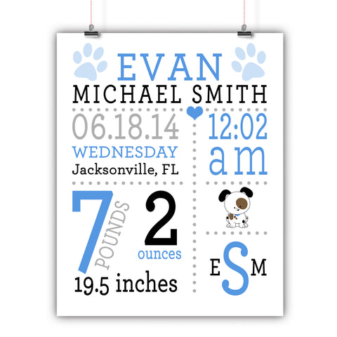 Puppy Dog Baby Birth Stats Nursery Wall Art