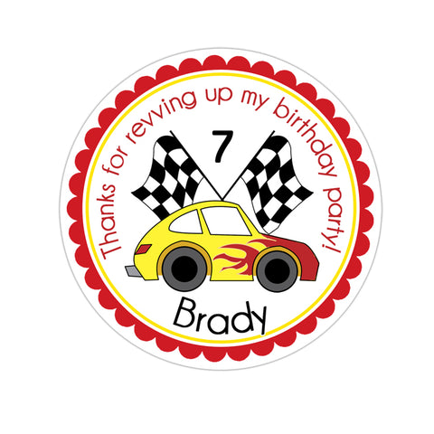 Red and Yellow Race Car Personalized Birthday Favor Sticker