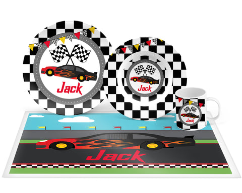 Personalized Racecar Plate, Bowl, Mug, Placemat Set - Choose Your Pieces