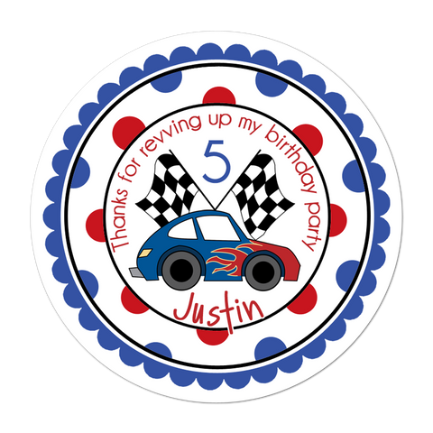 Race Car Polka Dot Border Personalized Birthday Favor Sticker