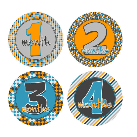 Gray, Blue, Orange Patterned Baby Month Stickers