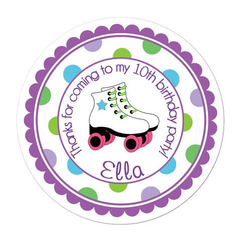 Roller Skate Polka Dot Border Personalized Birthday Favor Sticker