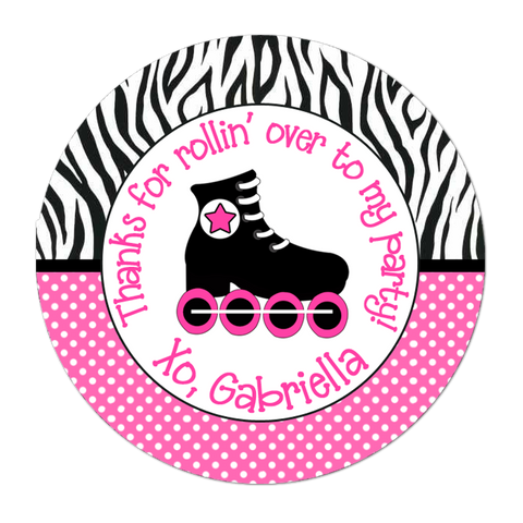 Roller Skate Polka Dot Zebra Print Border Personalized Birthday Favor Sticker