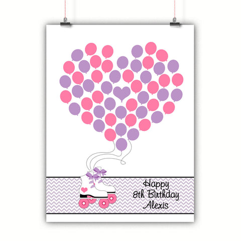 Personalized Birthday Guest Book Alternative - Roller Skate With Bows Balloons - Customized Poster, Print, Framed or Canvas, 50 Signatures