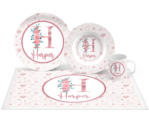 Personalized Rose Gold Monogram Plate, Bowl, Mug, Placemat Set - Choose Your Pieces