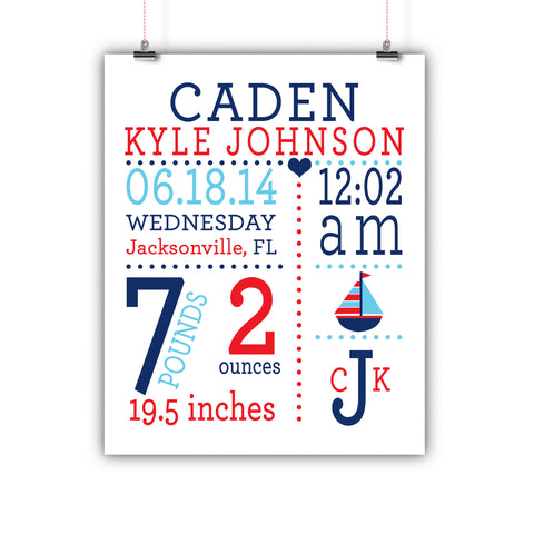 Nautical Sailboat Baby Birth Stats Nursery Wall Art