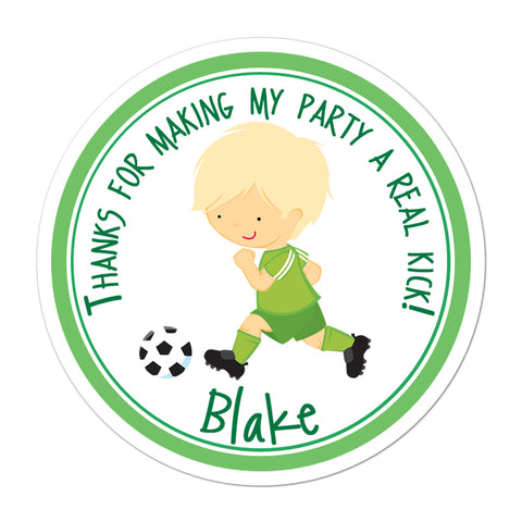 Soccer Player Blonde Haired Boy Personalized Birthday Favor Sticker