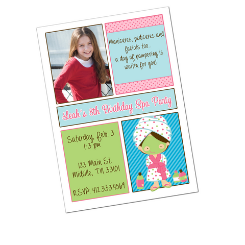 Spa Party Brunette Girl Digital Birthday Invitation