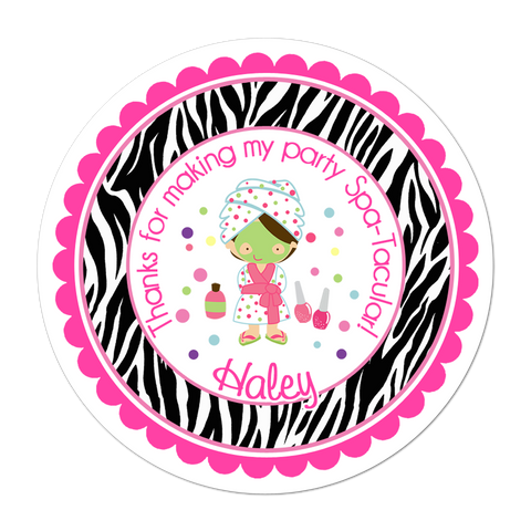 Spa Party Zebra Print Border Personalized Birthday Favor Sticker